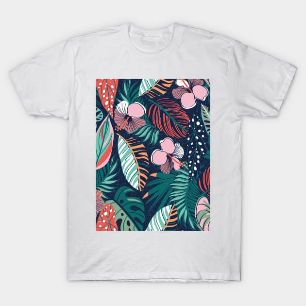 Moody tropical night // pattern // oxford blue background coral spearmint papaya orange jade and pine green leaves cotton candy pink and dry rose hibiscus flowers T-Shirt by SelmaCardoso